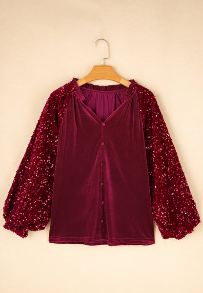 Pre-Order Sequin Notched Long Sleeve Blouse