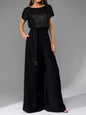 Pre-Order Full Size Sequin Round Neck Short Sleeve Wide Leg Jumpsuit